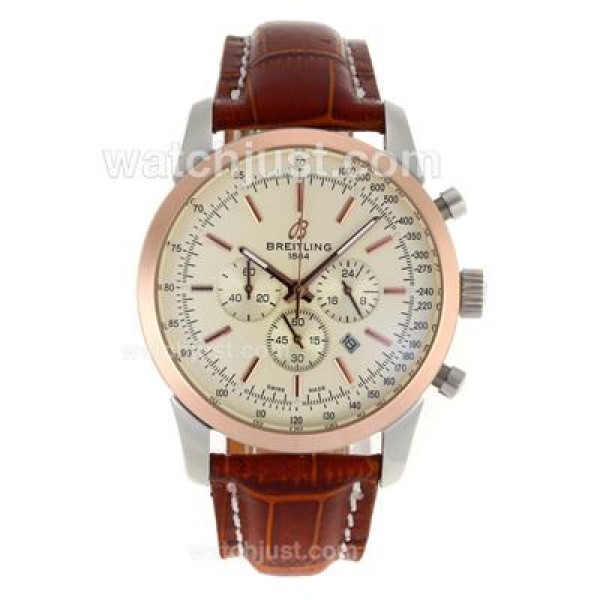 Breitling Aeromarine Working Chronograph Two Tone Case Stick Markers with White Dial-Leather Strap
