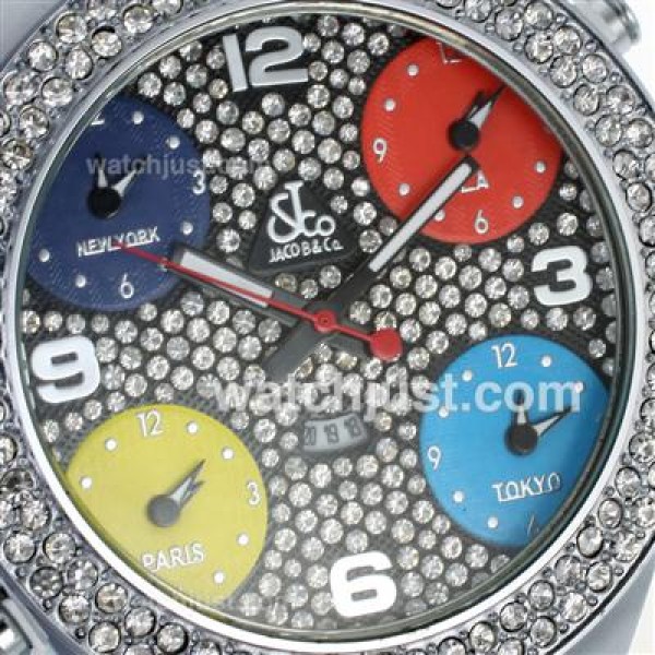 Jacob & Co Classic Five Time Zone Diamond Bezel and Dial-Black Leather Strap
