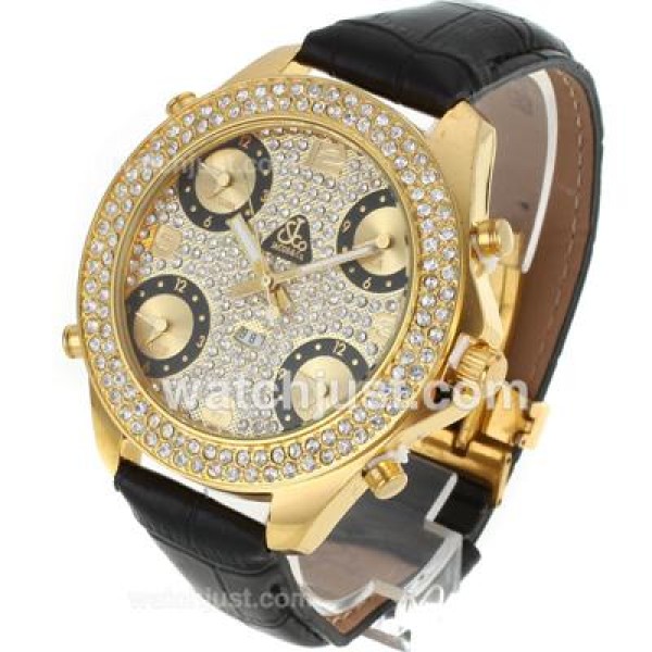 Jacob & Co Classic Five Time Zone Full Gold Case Diamond Bezel and Dial-Black Leather Strap
