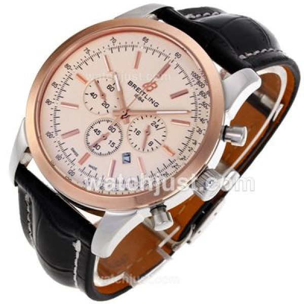 Breitling Aeromarine Working Chronograph Two Tone Case Stick Markers with White Dial-Leather Strap