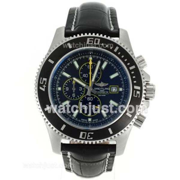 Breitling Super Ocean Working Chronograph Black Bezel Yellow Needles with Black Dial-Leather Strap