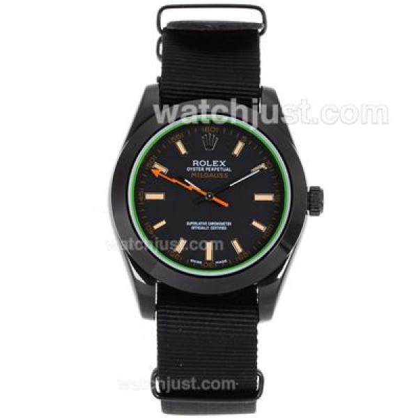 UK Swiss Movement Rolex Milgauss Automatic PVD Case Orange Markers with Black Dial-Nylon Strap Watches