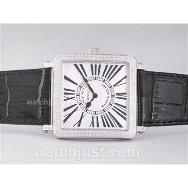 Franck Muller Master Square Swiss ETA Movement Diamond Bezel with White Dial and Black Strap