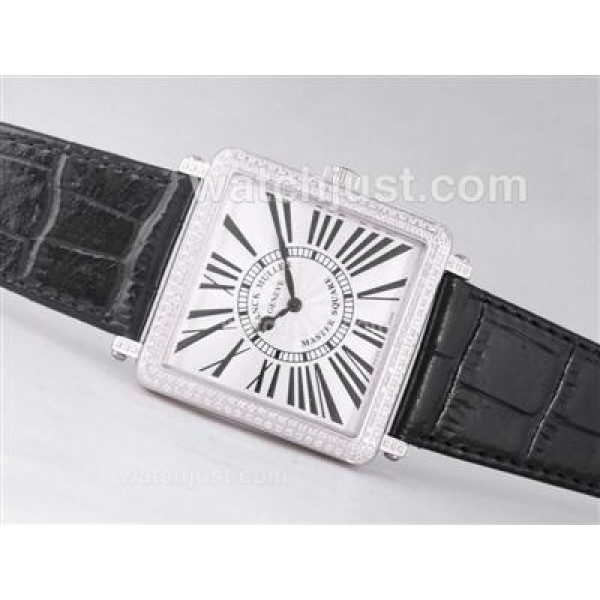 Franck Muller Master Square Swiss ETA Movement Diamond Bezel with White Dial and Black Strap