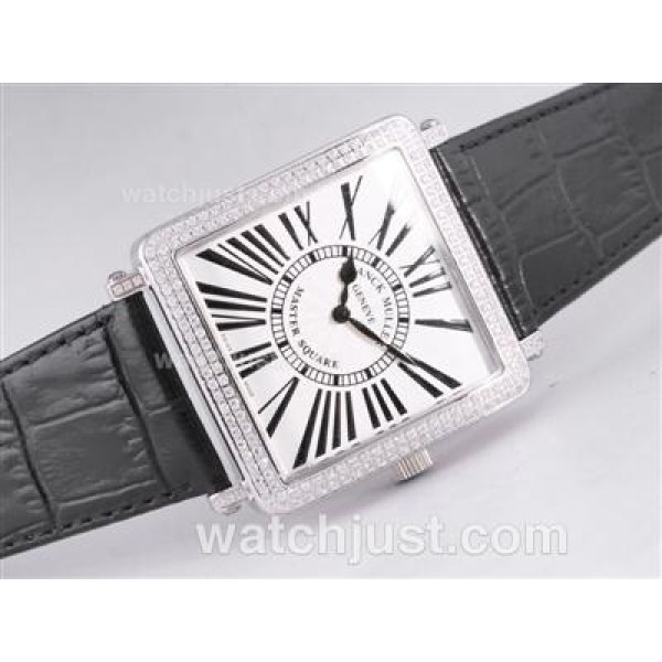 Franck Muller Master Square Swiss ETA Movement Diamond Bezel with White Dial and Black Strap