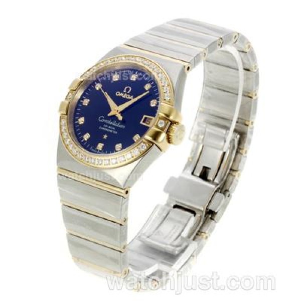 Omega Constellation Automatic Two Tone Diamond Bezel/Markers with Black Dial-18K Plated Gold Movement