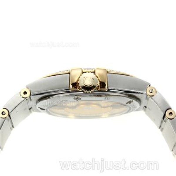 Omega Constellation Automatic Two Tone Diamond Bezel/Markers with Black Dial-18K Plated Gold Movement