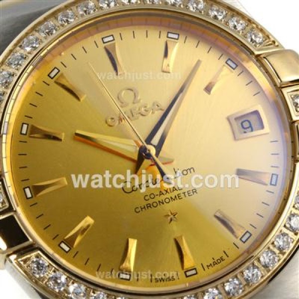 Omega Constellation Automatic Two Tone Diamond Bezel with Golden Dial-18K Plated Gold Movement