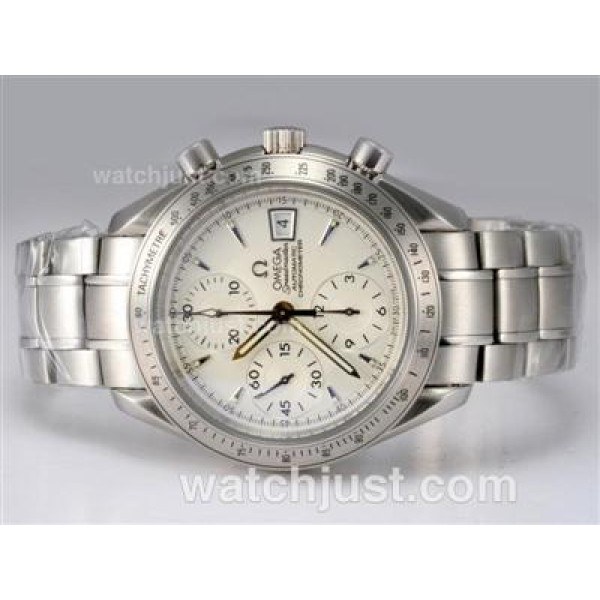 Omega Speedmaster Date Swiss Valjoux 7750 Movement AR Coating with White Dial
