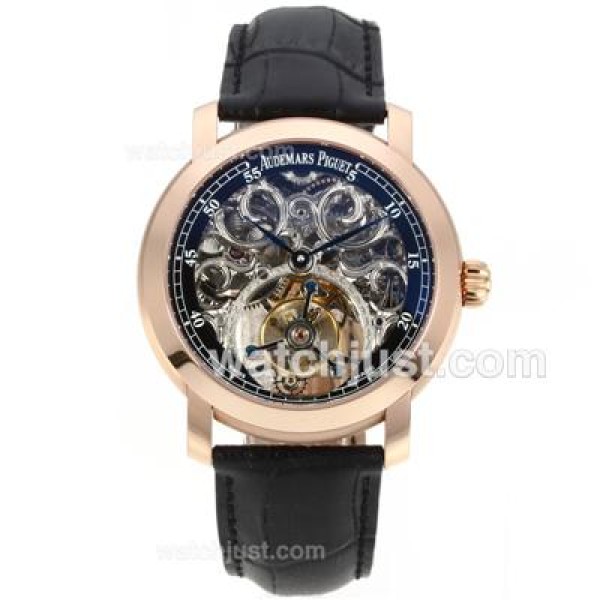 UK 1:1 Wholesale Replica Audemars Piguet Jules Audemars Skeleton Working Tourbillon Manual Winding Rose Gold Case with Black Dial-Leather Strap