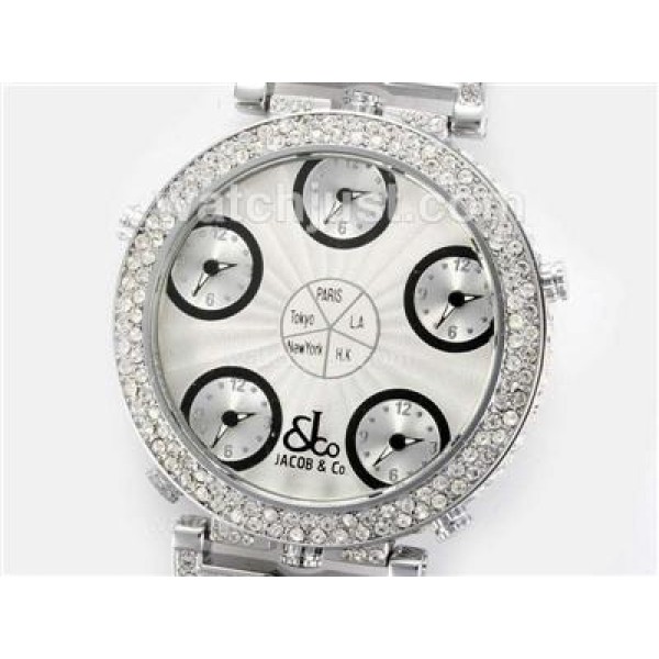 Jacob & Co Classic Five Time Zone Diamond Bezel with White Dial-Double Dial