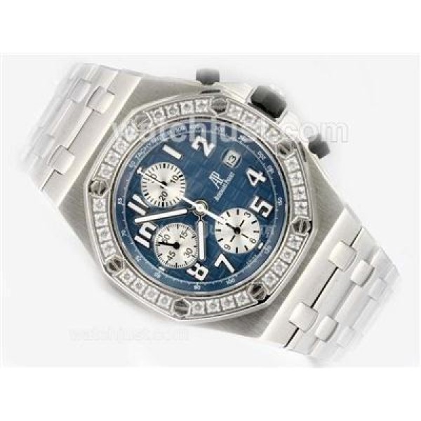 UK Perfect Replica Audemars Piguet Royal Oak Offshore Swiss Valjoux 7750 Movement Diamond Bezel with Blue Dial