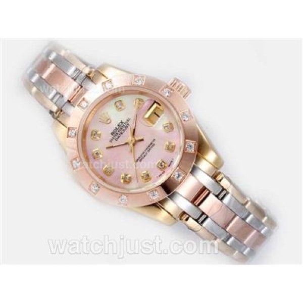 Rolex Masterpiece Automatic Three Tone Diamond Marking with Pink MOP Dial