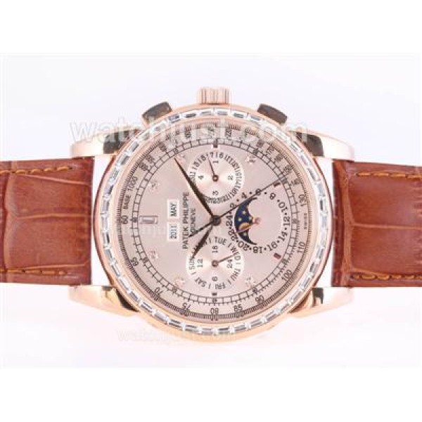 Patek Philippe Perpetual Calendar Chrono Automatic Rose Gold Case CZ Diamond Bezel with Champagne Dial