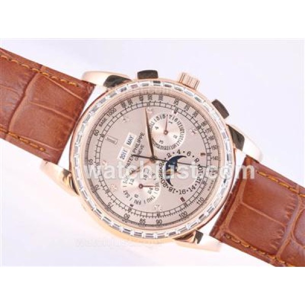 Patek Philippe Perpetual Calendar Chrono Automatic Rose Gold Case CZ Diamond Bezel with Champagne Dial