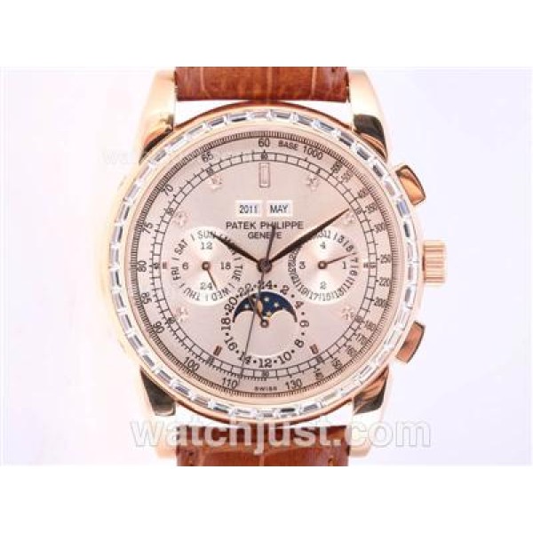 Patek Philippe Perpetual Calendar Chrono Automatic Rose Gold Case CZ Diamond Bezel with Champagne Dial