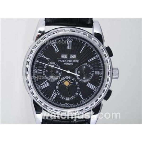 Patek Philippe Perpetual Calendar Automatic CZ Diamond Bezel with Black Dial