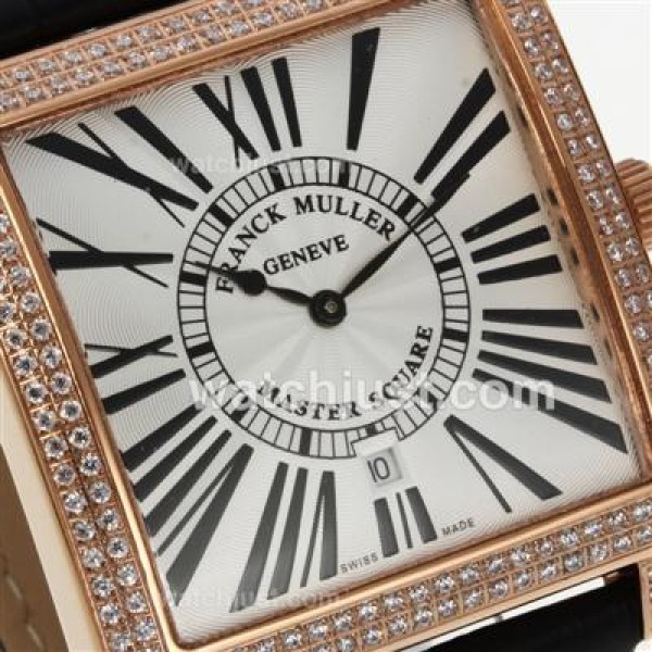 Franck Muller Master Square Rose Gold Case Diamond Bezel with White Dial-Roman Marking-42MM