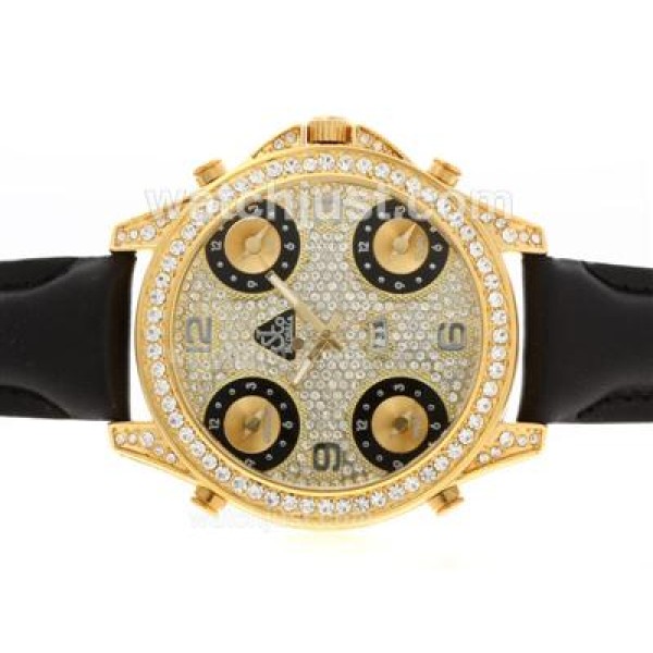 Jacob & Co Classic Five Time Zone Gold Case Full Diamond with Leather Strap