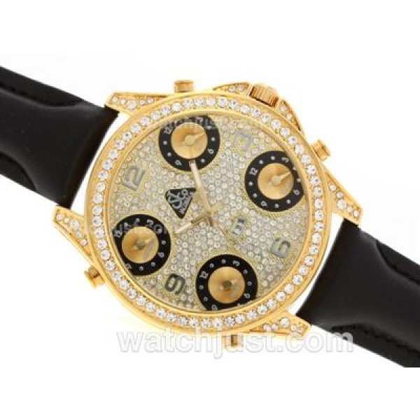 Jacob & Co Classic Five Time Zone Gold Case Full Diamond with Leather Strap