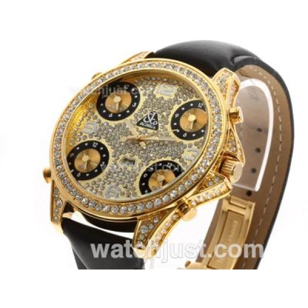 Jacob & Co Classic Five Time Zone Gold Case Full Diamond with Leather Strap