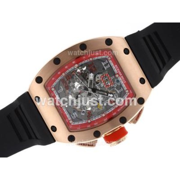 Richard Mille RM011 Automatic Rose Gold Case with Skeleton Dial-Red Bezel