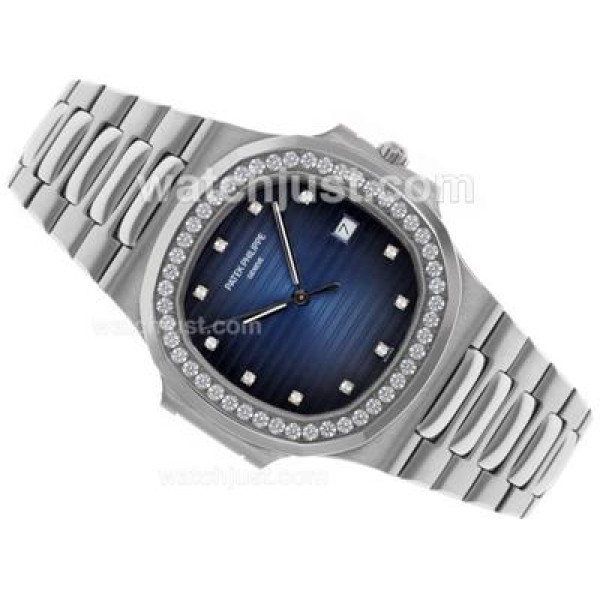 Patek Philippe Nautilus Swiss ETA 2836 Movement Diamond Bezel and Markers with Blue Dial S/S