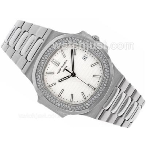 Patek Philippe Nautilus Swiss ETA 2836 Movement Diamond Bezel with White Dial S/S