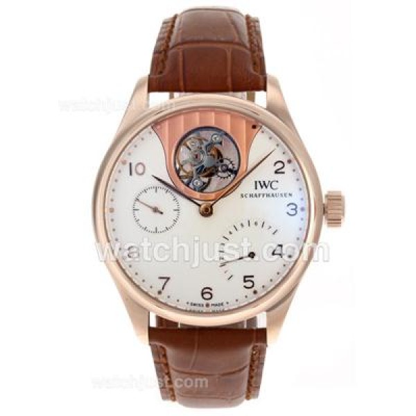 UK Perfect Replica IWC Portuguese F.A Jones Working Tourbillon Power Reserve Manual Winding Rose Gold Case with White Dial
