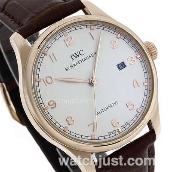 IWC Portuguese Automatic Rose Gold Case Number Markers with White Dial-Leather Strap