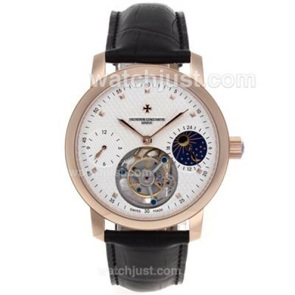 UK Swiss Made Replica Vacheron Constantin Working Tourbillon Manual Winding Rose Gold Case with White Dial-Leather Strap