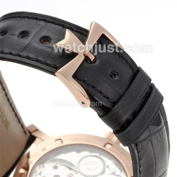 UK Swiss Made Replica Vacheron Constantin Working Tourbillon Manual Winding Rose Gold Case with White Dial-Leather Strap