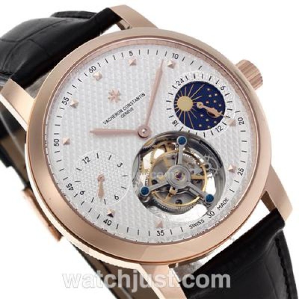 UK Swiss Made Replica Vacheron Constantin Working Tourbillon Manual Winding Rose Gold Case with White Dial-Leather Strap