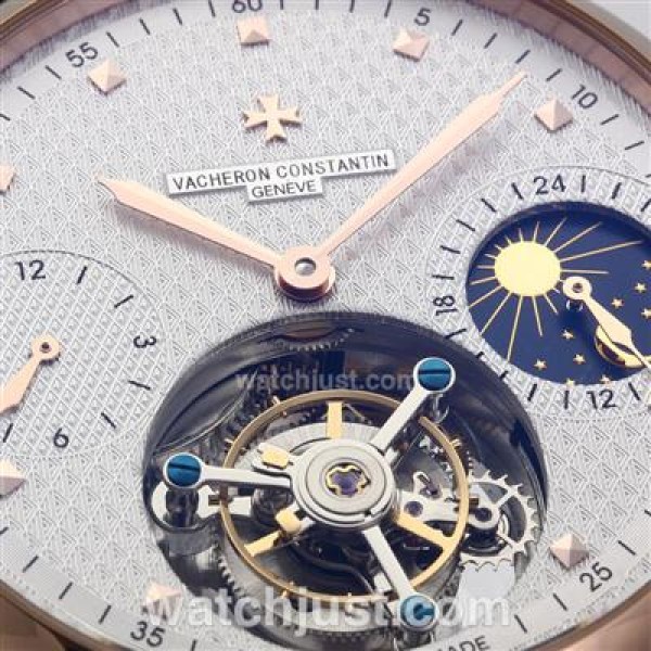 UK Swiss Made Replica Vacheron Constantin Working Tourbillon Manual Winding Rose Gold Case with White Dial-Leather Strap