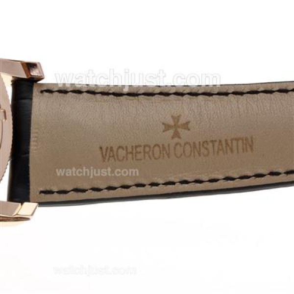 UK Swiss Made Replica Vacheron Constantin Working Tourbillon Manual Winding Rose Gold Case with White Dial-Leather Strap