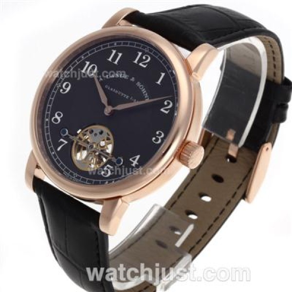 A.Lange & Sohne Classic Tourbillon Manual Winding Rose Gold Case with Black Dial-Leather Strap