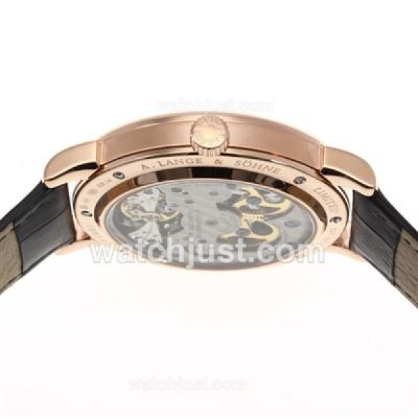 A.Lange & Sohne Classic Tourbillon Manual Winding Rose Gold Case with Black Dial-Leather Strap