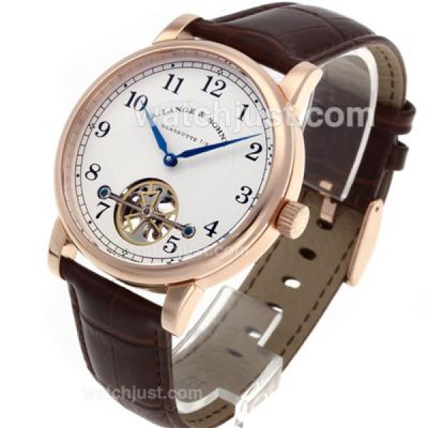 A.Lange & Sohne Classic Tourbillon Manual Winding Rose Gold Case with White Dial-Leather Strap
