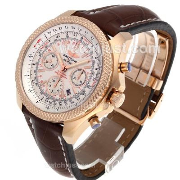 Breitling for Bentley Chronograph Swiss Valjoux 7750 Movement Rose Gold Case with White Dial-Leather Strap