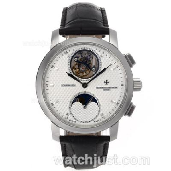 UK Top Quality Replica Vacheron Constantin Working Tourbillon Manual Winding with White Dial-Leather Strap