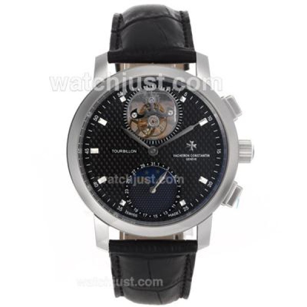 UK Perfect Replica Vacheron Constantin Working Tourbillon Manual Winding with Black Dial-Leather Strap Watches