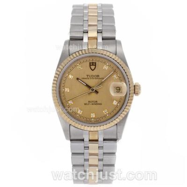 Tudor Prince Date Swiss ETA 2836 Movement 14K Wrapped Two Tone Diamond Markers with Golden Dial