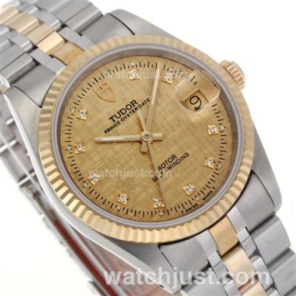 Tudor Prince Date Swiss ETA 2836 Movement 14K Wrapped Two Tone Diamond Markers with Golden Dial