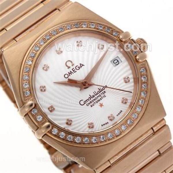 Omega Constellation Swiss ETA Movement Full Rose Gold Diamond Bezel and Markers with White Dial