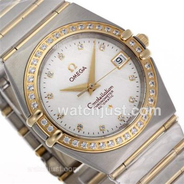 Omega Constellation Swiss ETA Movement Two Tone Diamond Bezel and Markers with White Dial