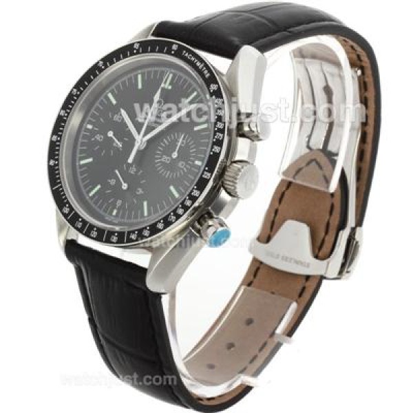 Omega Speedmaster Chronograph Lemania Movement with Black Dial-Leather Strap