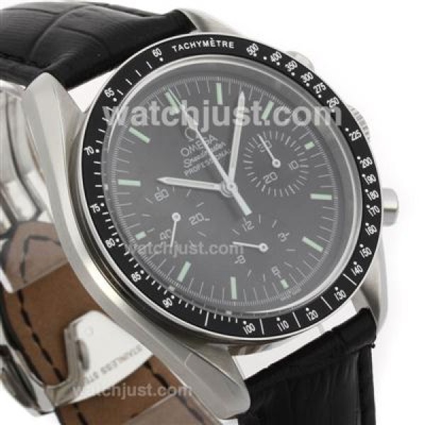 Omega Speedmaster Chronograph Lemania Movement with Black Dial-Leather Strap