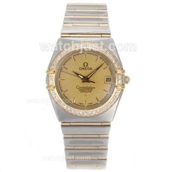 Omega Constellation Swiss ETA 2824 Movement Two Tone Diamond Bezel with Golden Dial-14K Wrapped Gold