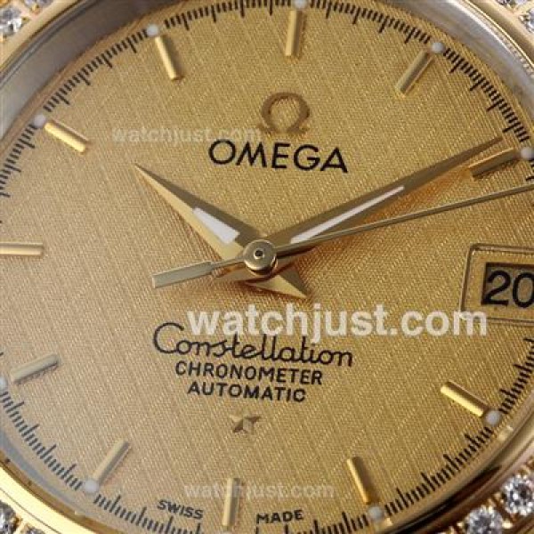 Omega Constellation Swiss ETA 2824 Movement Two Tone Diamond Bezel with Golden Dial-14K Wrapped Gold