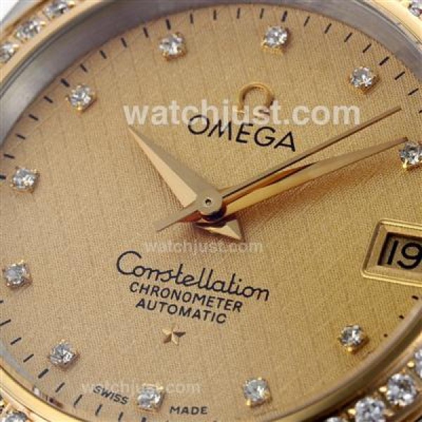 Omega Constellation Swiss ETA 2824 Movement Two Tone Diamond Markers and Bezel with Golden Dial-14K Wrapped Gold